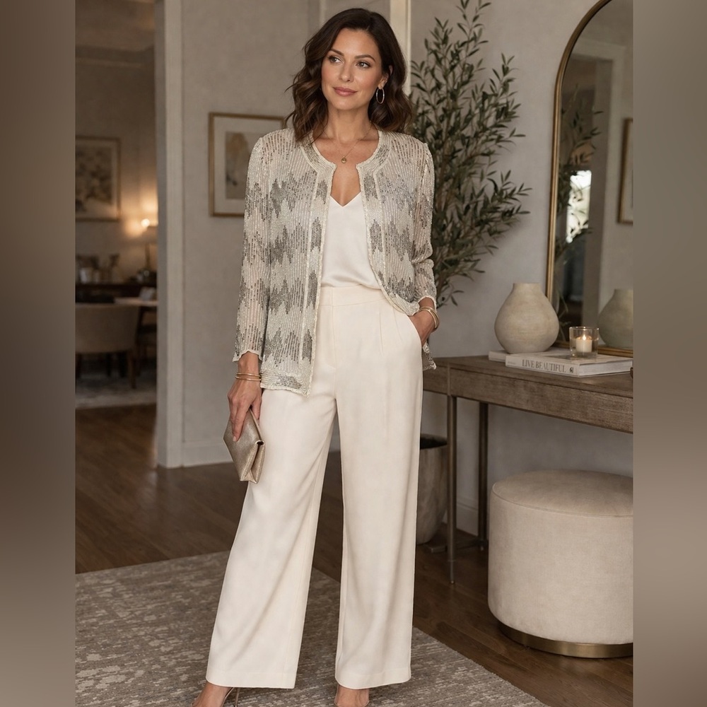 Vintage Beaded Evening Jacket | Ivory + Silver | Elegant Statement Piece ✨